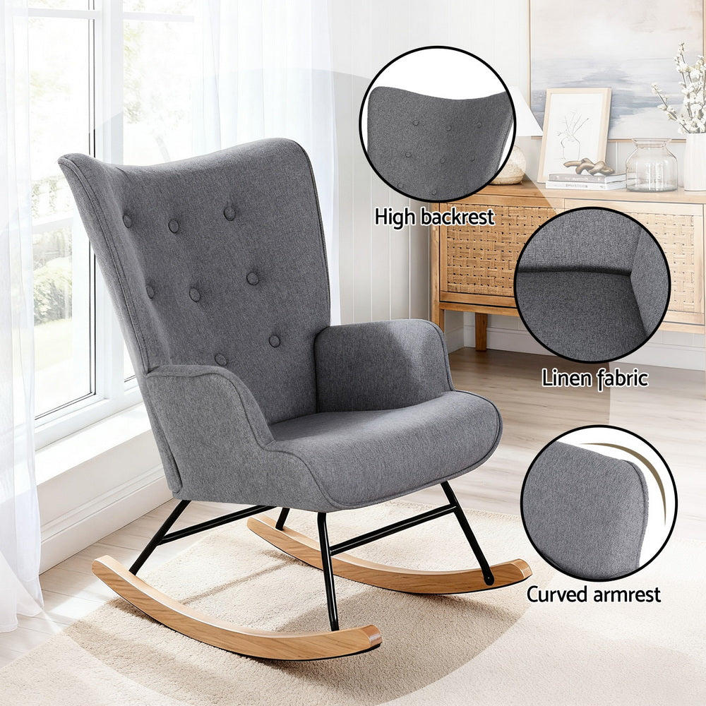 Rocking Armchair Nursing Chair Linen Fabric - Grey