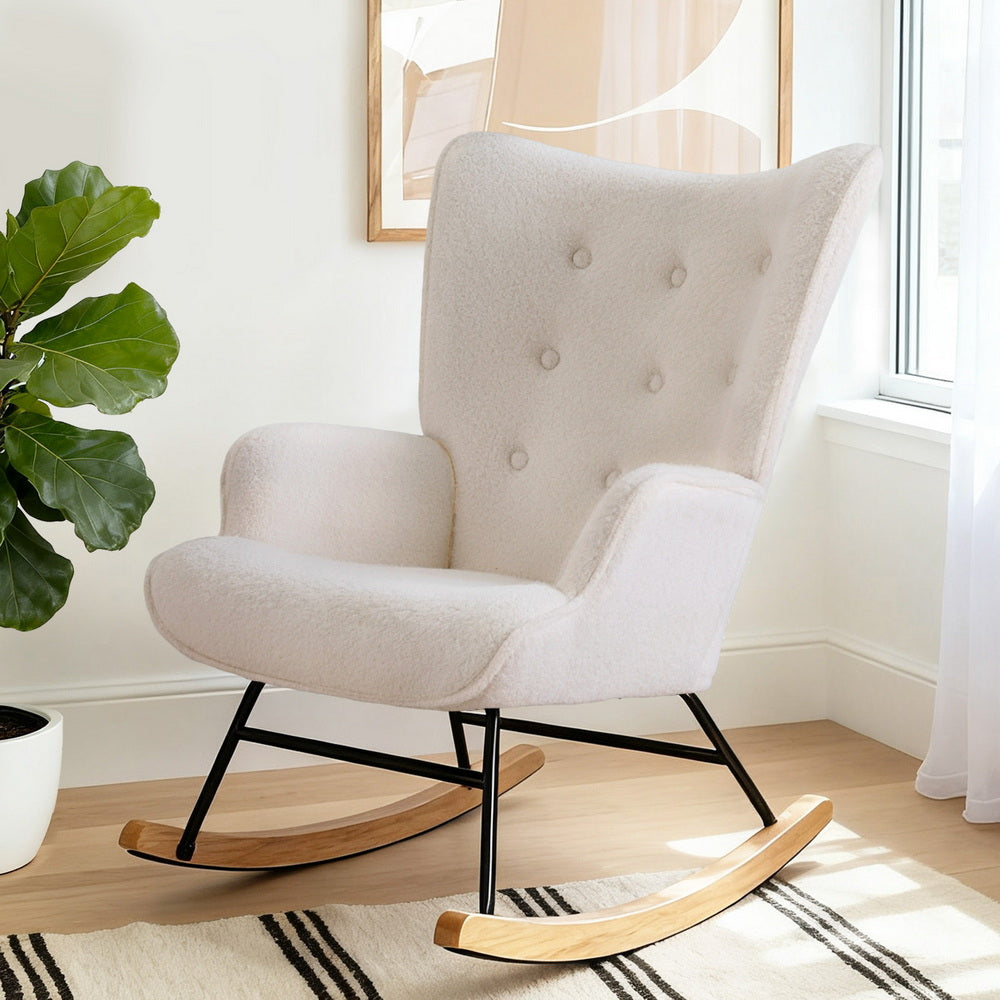 Rocking Armchair Nursing Chair Boucle Fabric - White