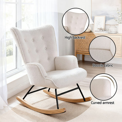 Rocking Armchair Nursing Chair Boucle Fabric - White
