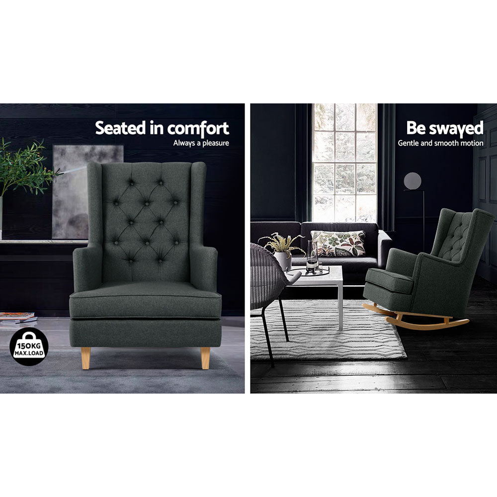 Gaia Rocking Chair Armchair Linen Fabric - Charcoal