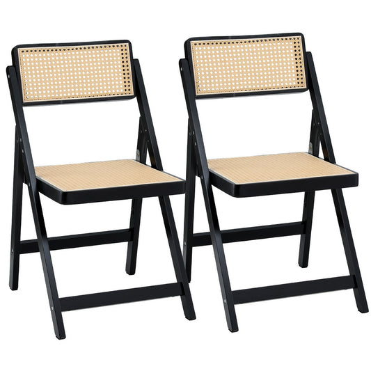 Set of 2 Wooden Rattan Foldable Dining Chairs - Black