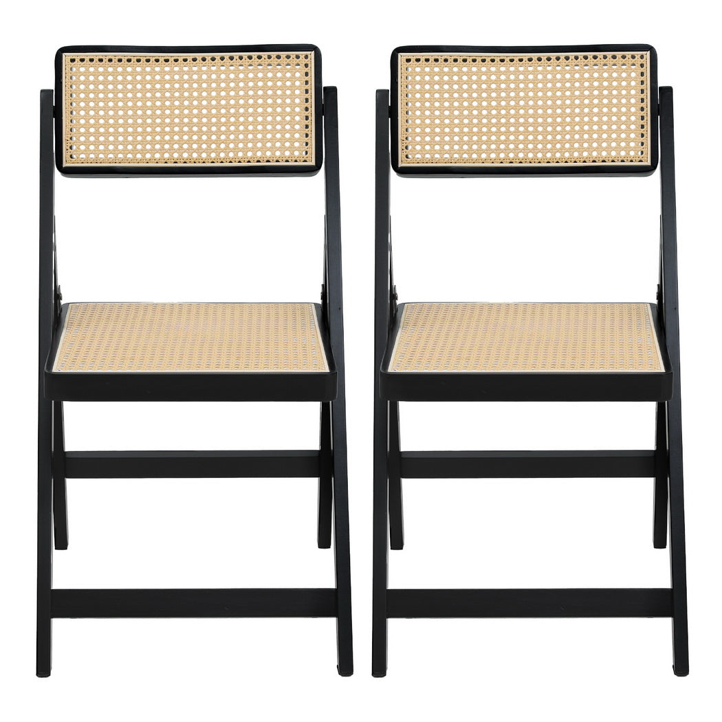 Set of 2 Wooden Rattan Foldable Dining Chairs - Black