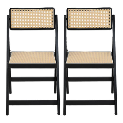 Set of 2 Wooden Rattan Foldable Dining Chairs - Black