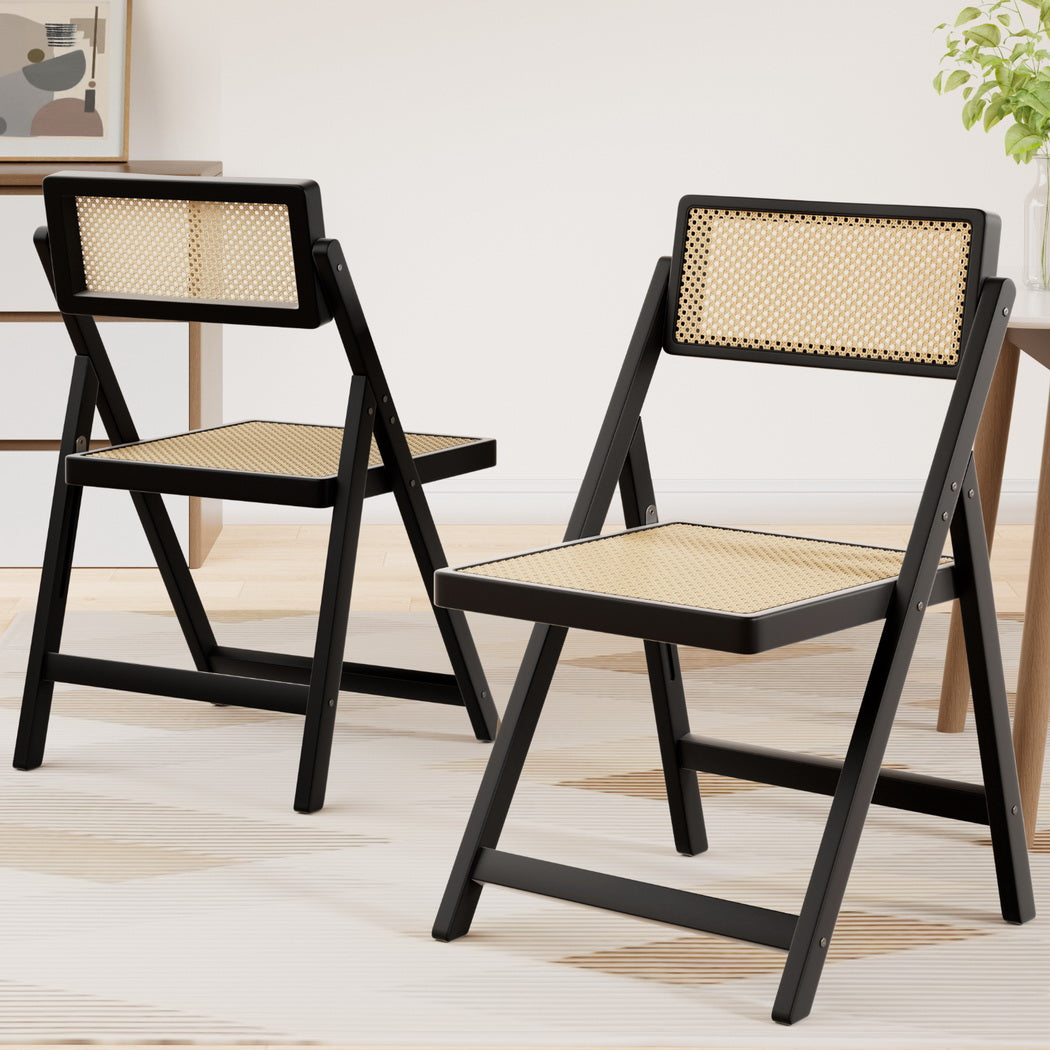 Set of 2 Wooden Rattan Foldable Dining Chairs - Black