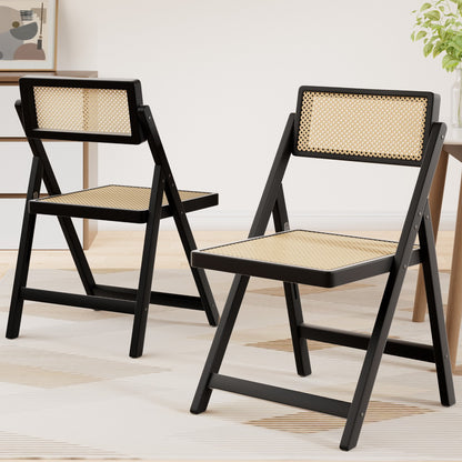 Set of 2 Wooden Rattan Foldable Dining Chairs - Black