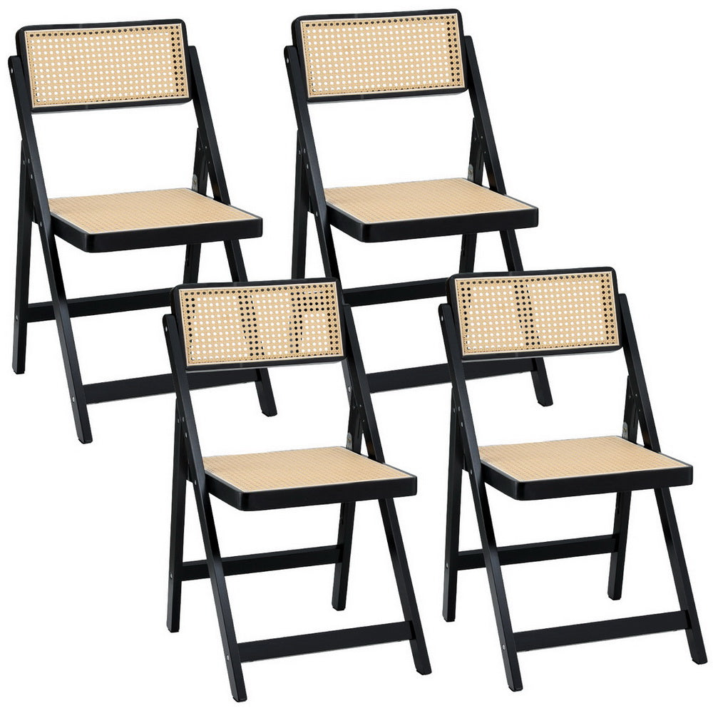 Set of 4 Wooden Rattan Foldable Dining Chairs - Black