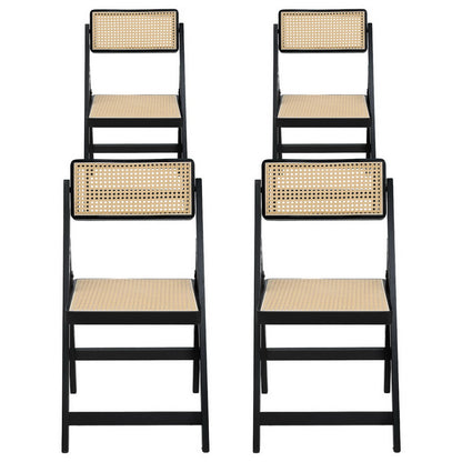 Set of 4 Wooden Rattan Foldable Dining Chairs - Black