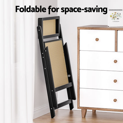 Set of 4 Wooden Rattan Foldable Dining Chairs - Black