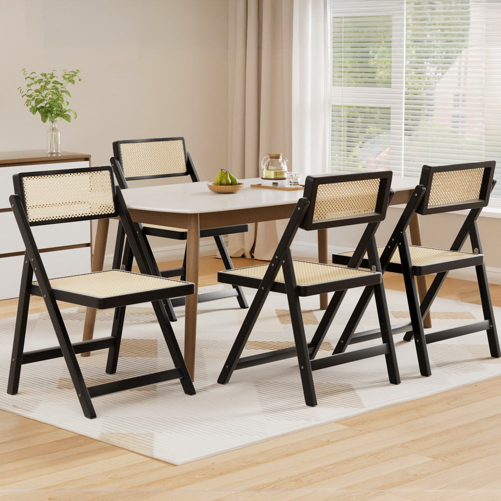Set of 4 Wooden Rattan Foldable Dining Chairs - Black