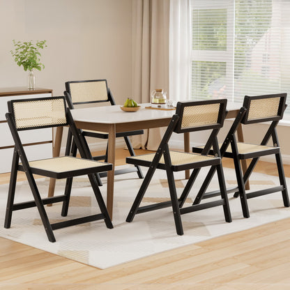 Set of 4 Wooden Rattan Foldable Dining Chairs - Black