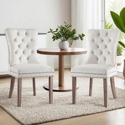 Set of 2 Beige Velvet Dining Chairs