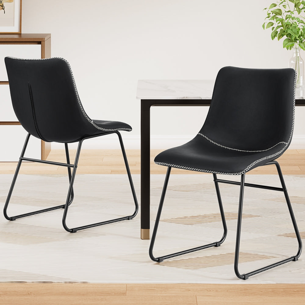 Set of 2 Retro Dining Chairs - Leather Black