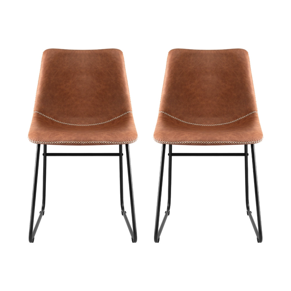 Set of 2 Retro Dining Chairs - Leather Brown