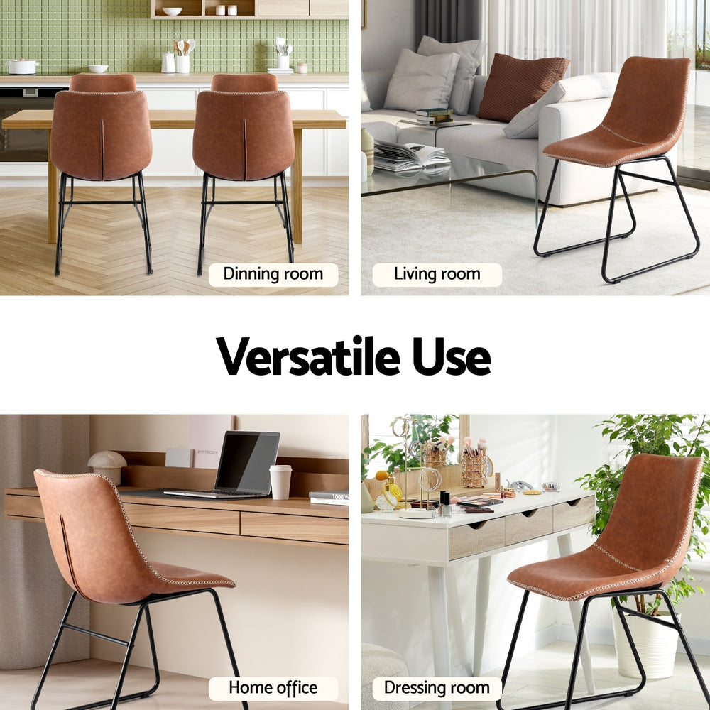 Set of 2 Retro Dining Chairs - Leather Brown