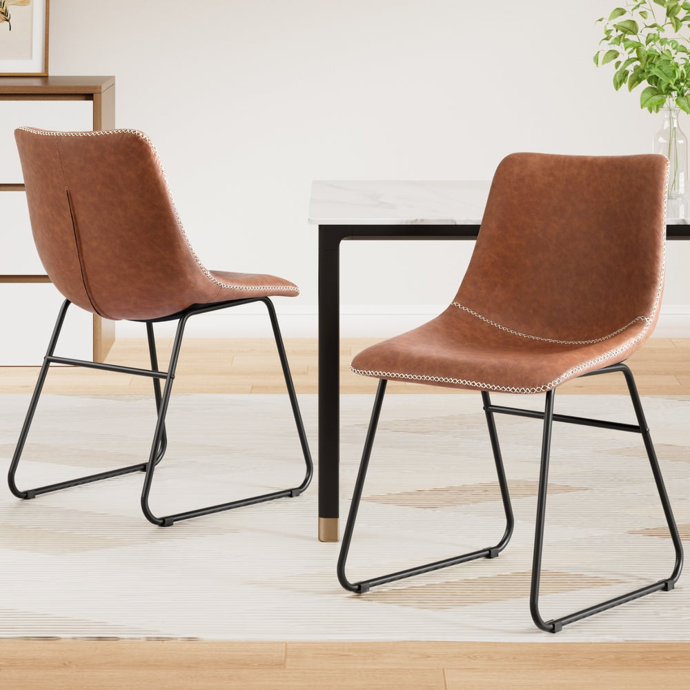 Set of 2 Retro Dining Chairs - Leather Brown