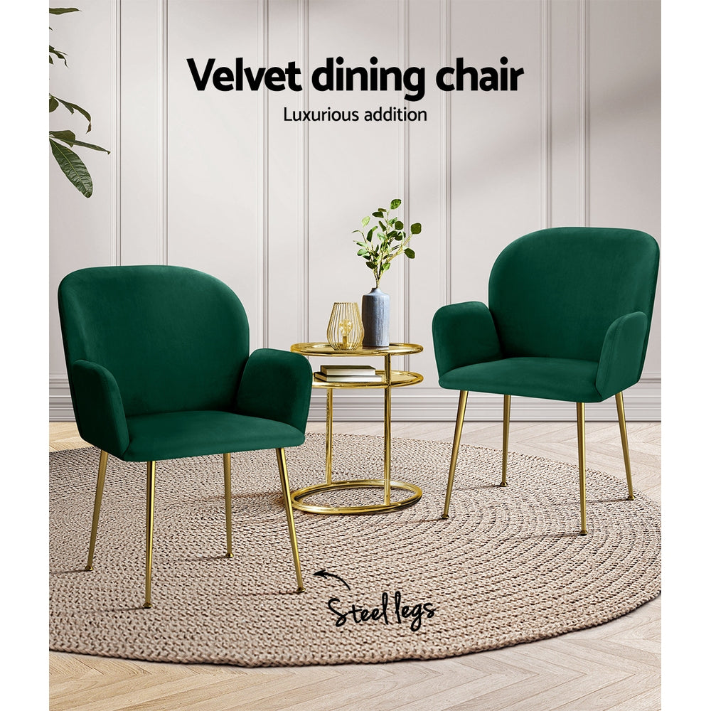 Set of 2 Kynsee Dining Chairs Velvet Armchair - Green