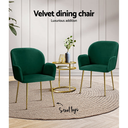 Set of 2 Kynsee Dining Chairs Velvet Armchair - Green