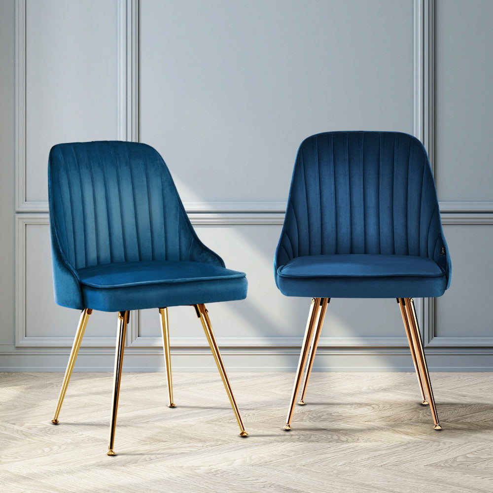 Set of 2 Velvet Channel Tufted Dining Chairs - Blue