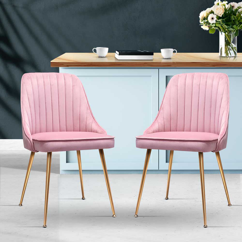 Set of 2 Velvet Channel Tufted Dining Chairs - Pink