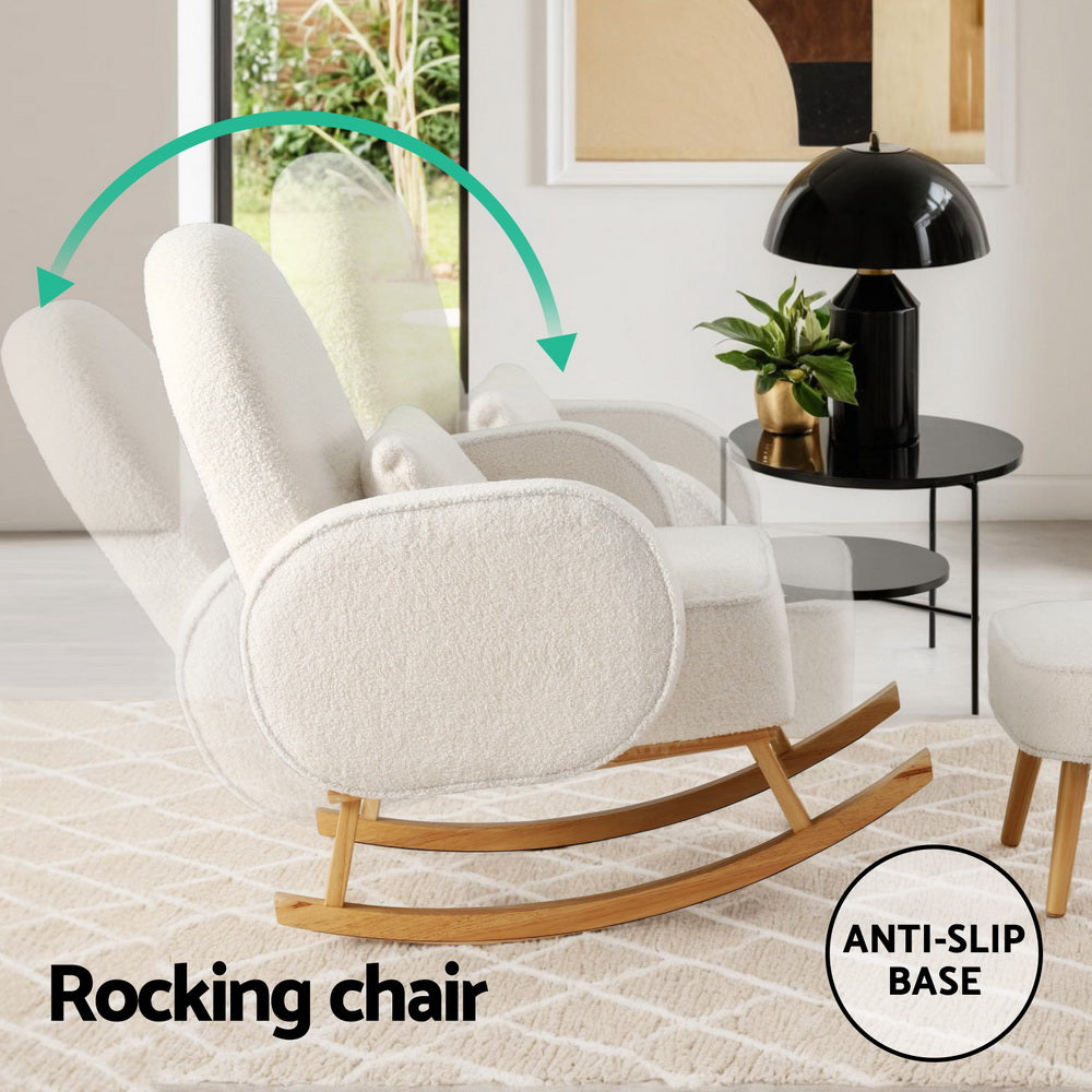 Armchair Rocking Chair with Ottoman - Boucle White