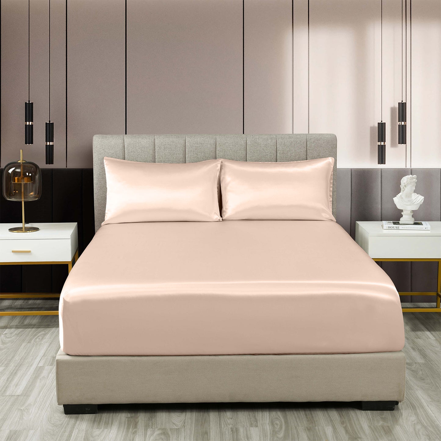 Satin Sheet Set 3 Piece Fitted Sheet Pillowcase Soft  - Champagne Pink