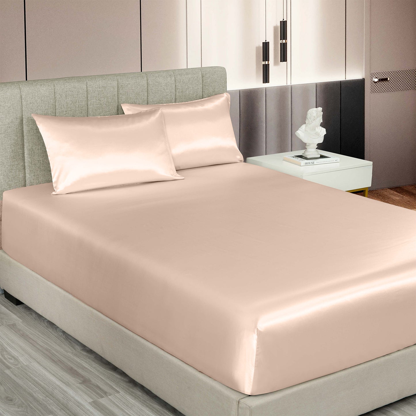 Satin Sheet Set 3 Piece Fitted Sheet Pillowcase Soft  - Champagne Pink