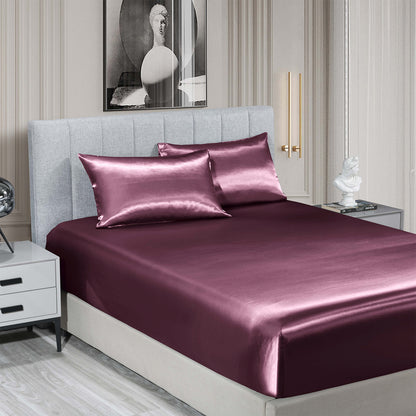 Satin Sheet Set 3 Piece Fitted Sheet Pillowcase Soft - Malaga Wine