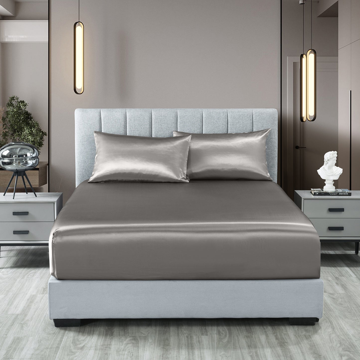 Satin Sheet Set 3 Piece Fitted Sheet Pillowcase Soft - Charcoal