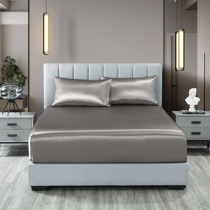 Satin Sheet Set 3 Piece Fitted Sheet Pillowcase Soft - Charcoal