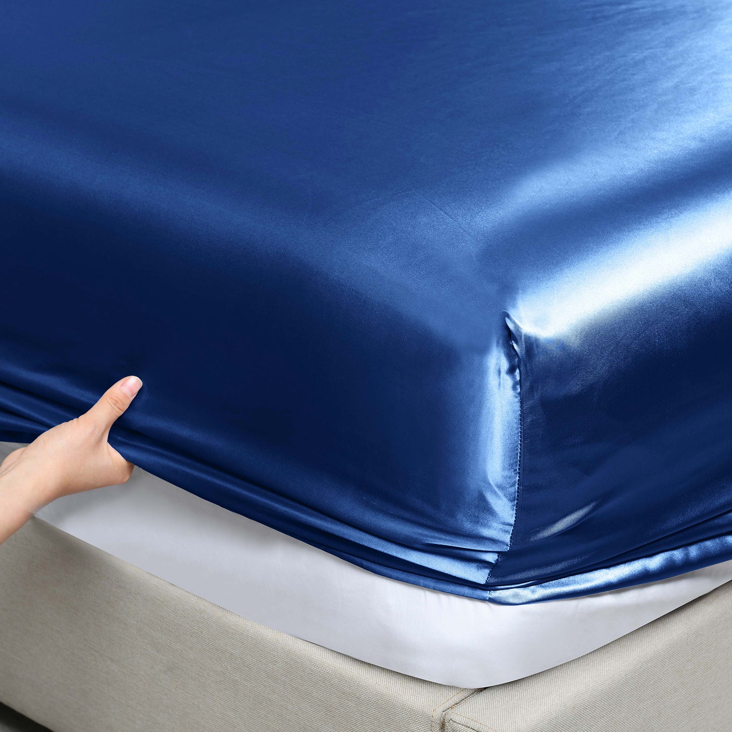 Satin Sheet Set 3 Piece Fitted Sheet Pillowcase Soft - Navy Blue