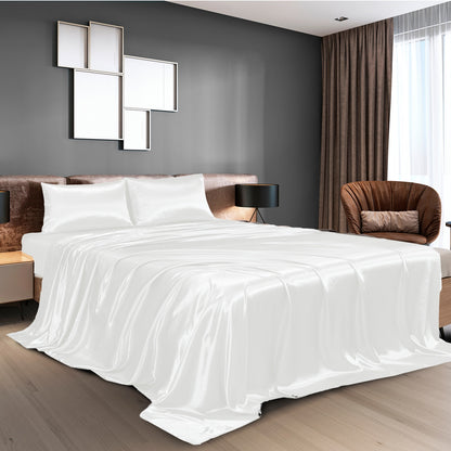 Satin Sheet Set 4 Piece Fitted Flat Sheet Pillowcases  - White