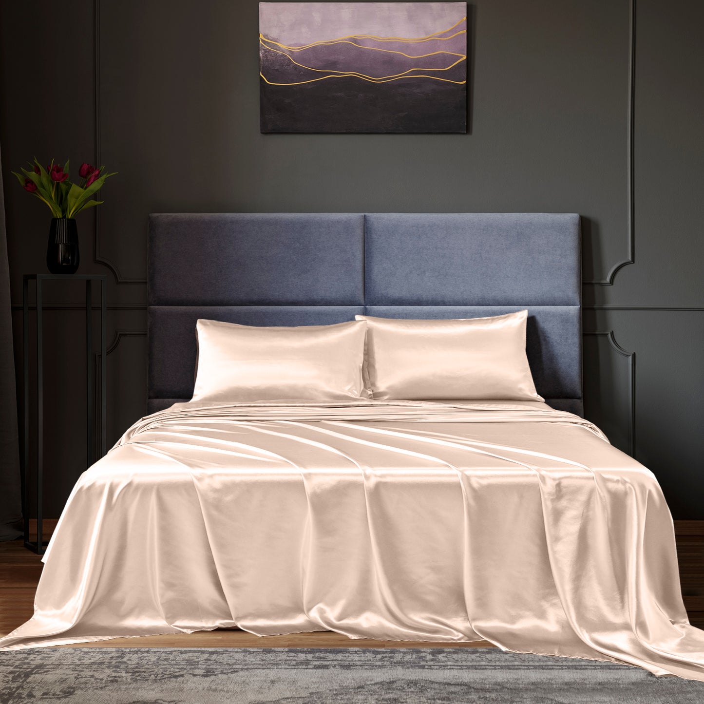 Satin Sheet Set 4 Piece Fitted Flat Sheet Pillowcases  - Champagne Pink
