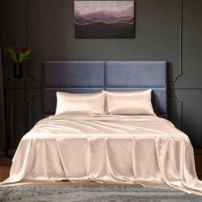 Satin Sheet Set 4 Piece Fitted Flat Sheet Pillowcases  - Champagne Pink