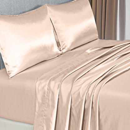 Satin Sheet Set 4 Piece Fitted Flat Sheet Pillowcases  - Champagne Pink