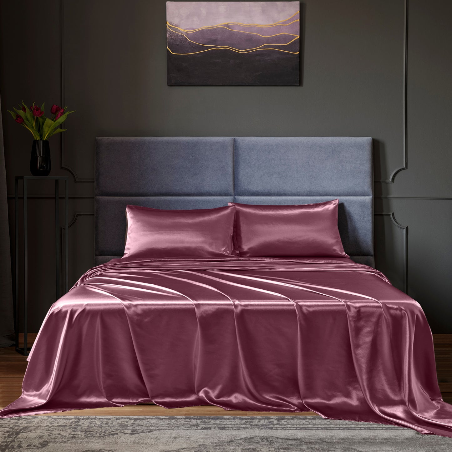 Satin Sheet Set 4 Piece Fitted Flat Sheet Pillowcases  - Malaga Wine