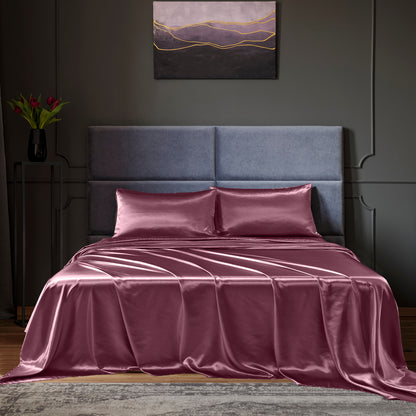 Satin Sheet Set 4 Piece Fitted Flat Sheet Pillowcases  - Malaga Wine