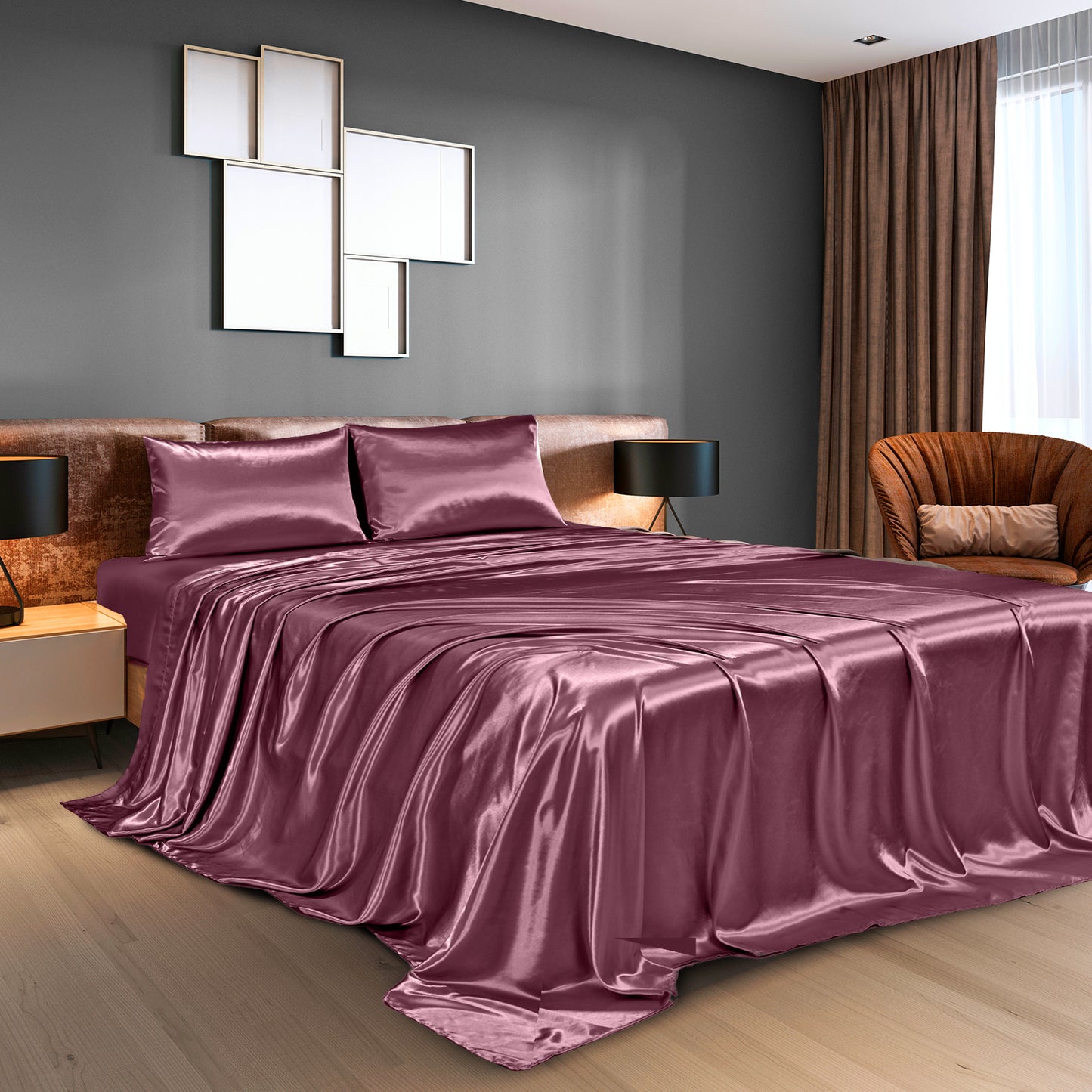 Satin Sheet Set 4 Piece Fitted Flat Sheet Pillowcases  - Malaga Wine