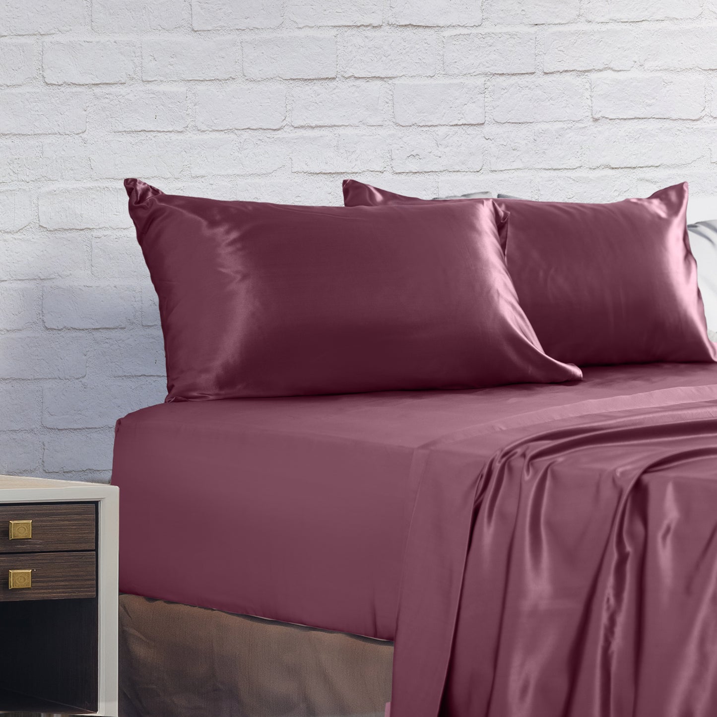 Satin Sheet Set 4 Piece Fitted Flat Sheet Pillowcases  - Malaga Wine