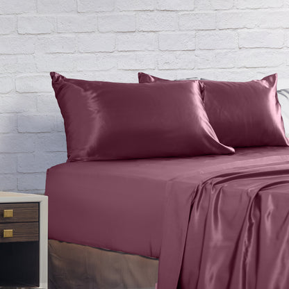 Satin Sheet Set 4 Piece Fitted Flat Sheet Pillowcases  - Malaga Wine