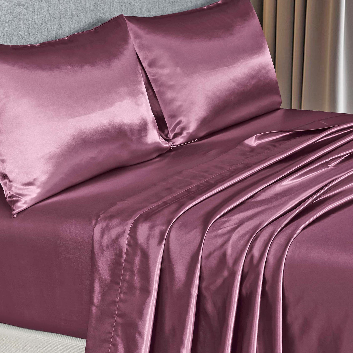 Satin Sheet Set 4 Piece Fitted Flat Sheet Pillowcases  - Malaga Wine