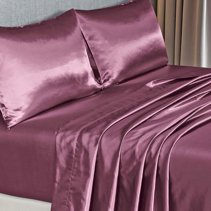 Satin Sheet Set 4 Piece Fitted Flat Sheet Pillowcases  - Malaga Wine