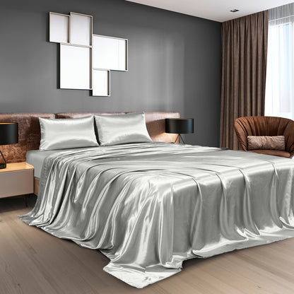 Satin Sheet Set 4 Piece Fitted Flat Sheet Pillowcases  - Silver