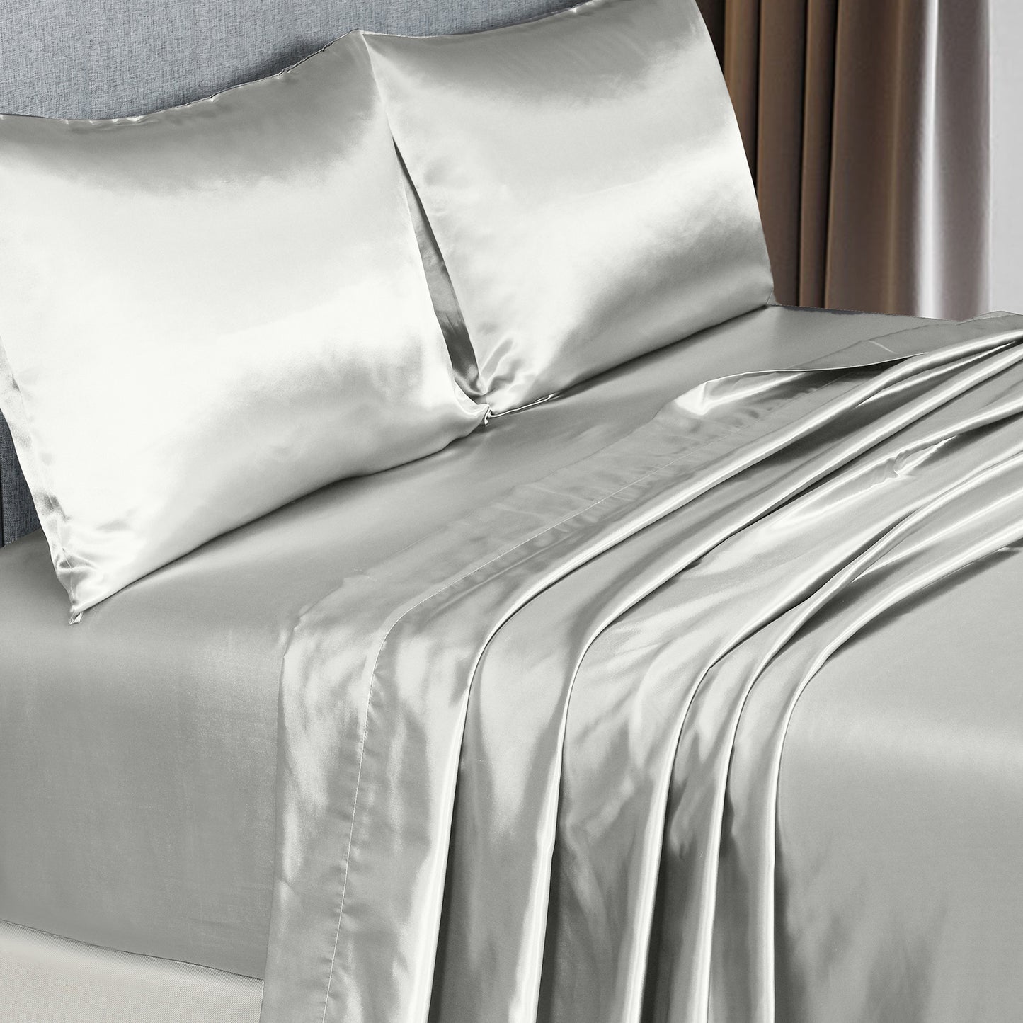 Satin Sheet Set 4 Piece Fitted Flat Sheet Pillowcases  - Silver
