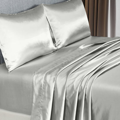Satin Sheet Set 4 Piece Fitted Flat Sheet Pillowcases  - Silver