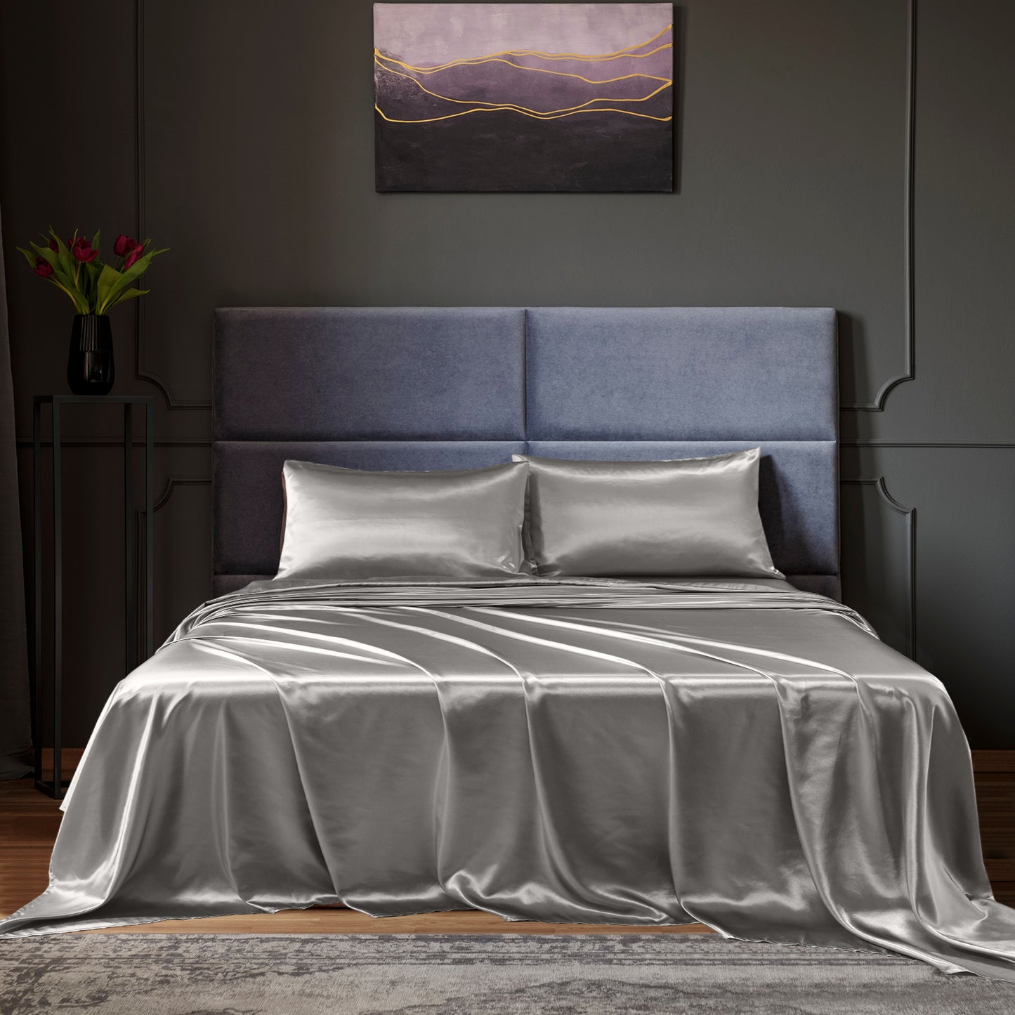 Satin Sheet Set 4 Piece Fitted Flat Sheet Pillowcases - Charcoal
