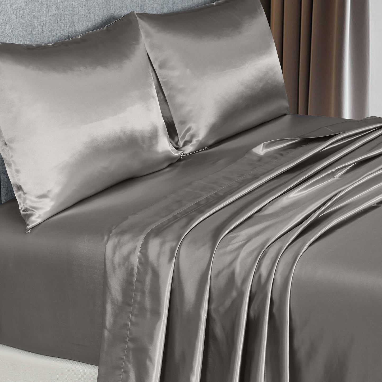 Satin Sheet Set 4 Piece Fitted Flat Sheet Pillowcases - Charcoal