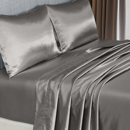 Satin Sheet Set 4 Piece Fitted Flat Sheet Pillowcases - Charcoal
