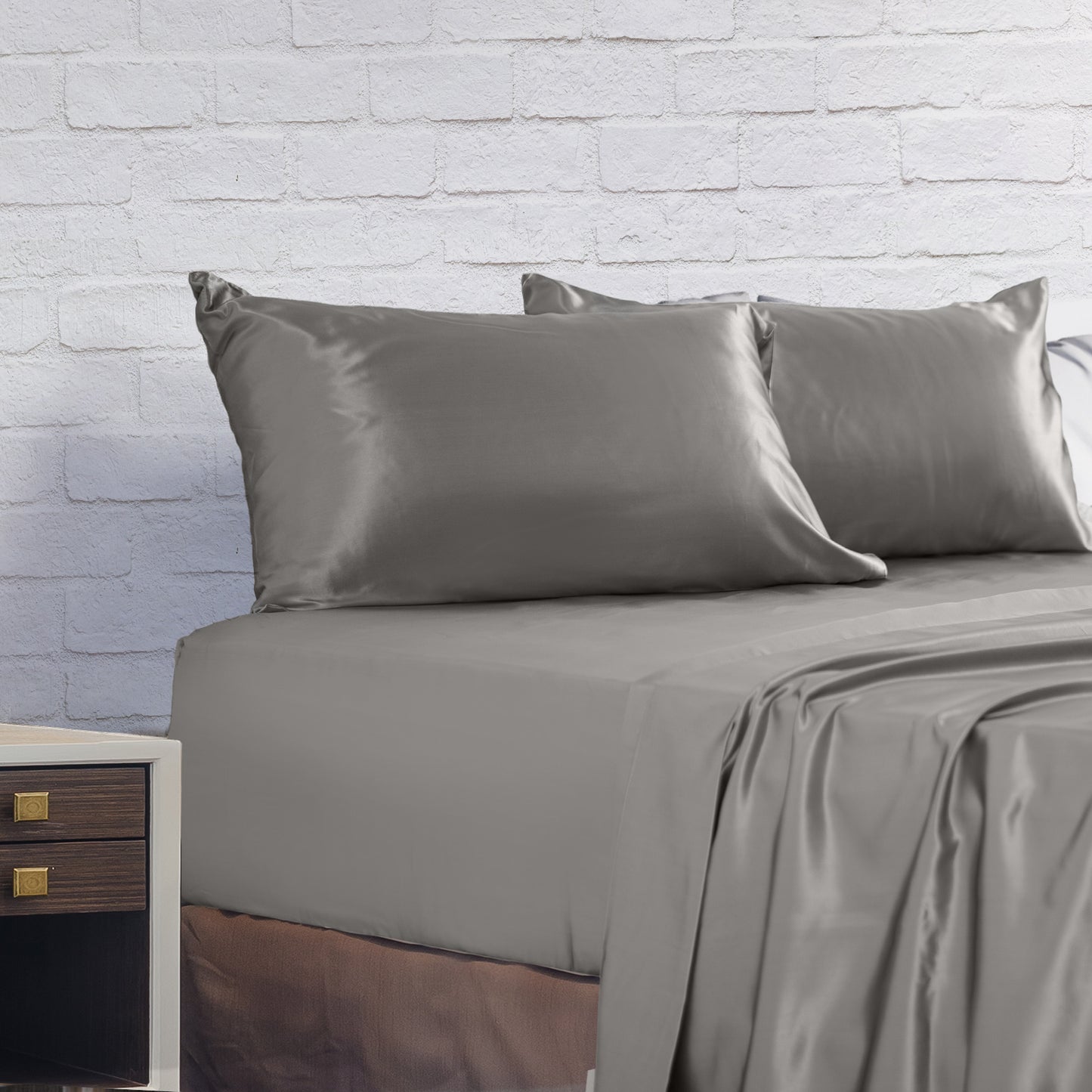 Satin Sheet Set 4 Piece Fitted Flat Sheet Pillowcases - Charcoal