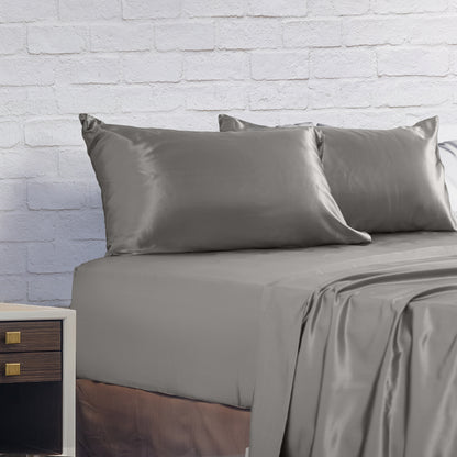 Satin Sheet Set 4 Piece Fitted Flat Sheet Pillowcases - Charcoal