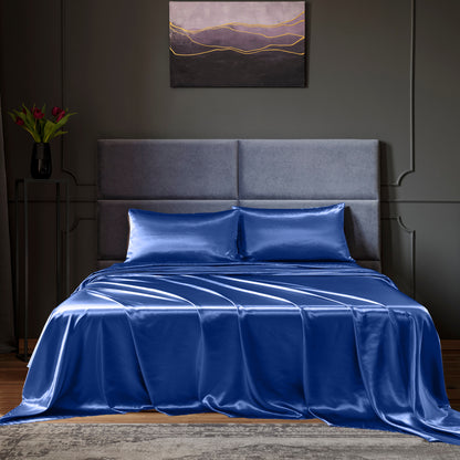 Satin Sheet Set 4 Piece Fitted Flat Sheet Pillowcases - Navy Blue